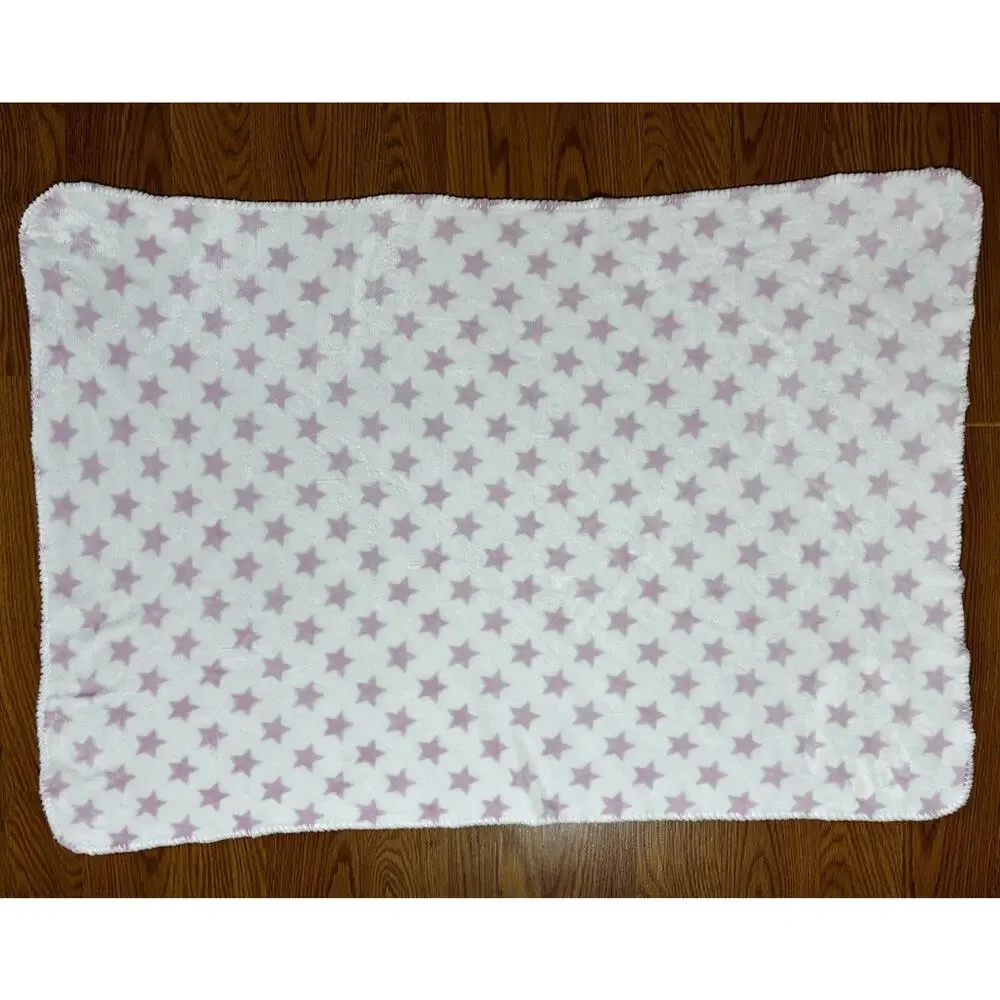 Silver One White Pink Stars Baby Blanket Plush Fleece Stitch Trim